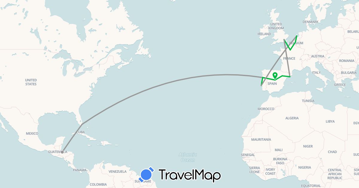 TravelMap itinerary: driving, bus, plane in Belgium, Spain, France, United Kingdom, Honduras, Netherlands, Portugal, United States (Europe, North America)